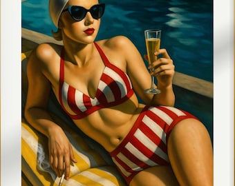 May include: A woman wearing a red and white striped swimsuit and sunglasses lounges by a pool with a glass of champagne. She is wearing a white swim cap and has a relaxed expression.