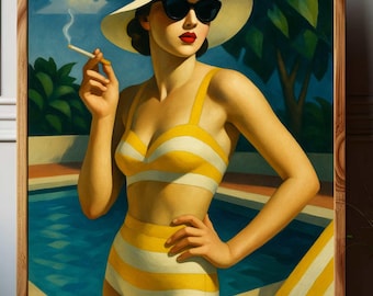 May include: A framed painting depicts a woman in a yellow and white striped bikini, sunglasses, and a white hat, holding a cigarette. The artwork is set by a pool with a striped lounge chair, evoking a vintage, retro aesthetic.