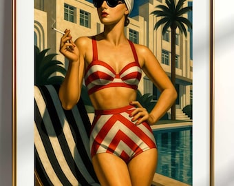 May include: A woman in a red and white striped swimsuit poses by a pool. She is wearing sunglasses and a white headband. The pool is surrounded by a white building and palm trees.