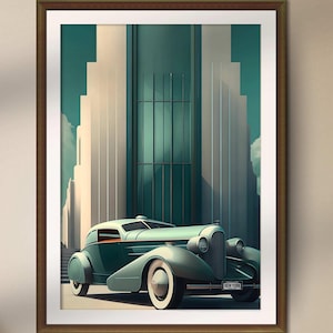Sztuka ścienna Vintage Car Art Deco, plakat ścienny Vintage Luxury Green Car, najlepszy prezent na parapetówkę, plakat New York dla miłośników klasycznych samochodów