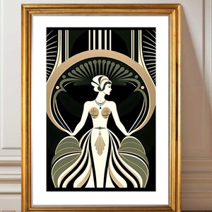May include: An art print in black and white featuring a woman in a gold and green dress with an Art Deco design.