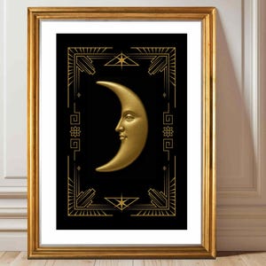 Art Deco Golden Moon Poster Luxury Celestial Wall Art with Face Black and Gold Unframed Print for Mystical Boho Home Decor