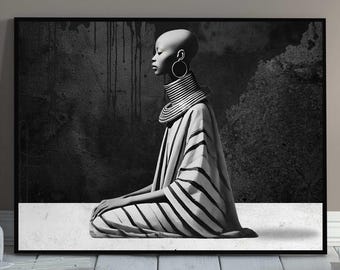Impressão de pintura a óleo de mulher africana, arte de parede afrocêntrica, pôster digital em preto e branco, decoração de galeria étnica, arte extragrande