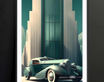 Vintage Car Art Deco Wall Art, Vintage Luxury Green Car Wall Art Poster, The best Housewarming Gift, New York Poster For Classic Cars Lover
