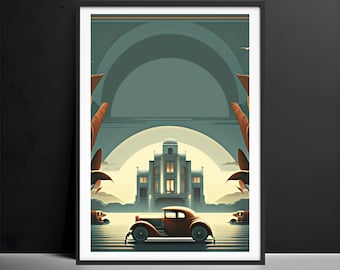 May include: A vintage red car drives past a large building with a white facade and a rounded archway. The car is driving on a road with a striped pattern. The scene is set against a background of a blue sky with a large, white sun.