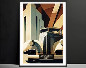 May include: A vintage white car with a chrome grill and headlights, driving through a city with tall buildings. The car has a sign that reads "Atlantic City".
