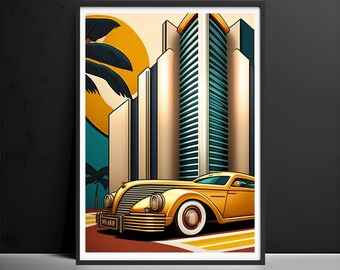 Miami Art Deco Car Poster | 1930s Retro Print