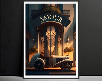 May include: A vintage car parked in front of a building with the word "AMOUR" above the entrance. The car is a light blue convertible with a black top and black wheels. The building is a light brown color with a dark brown door and windows.
