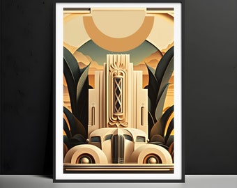 Impressões Art Déco, decoração de parede, impressão de arte vintage, pôster Art Déco, arte de parede Art Déco, arte de carro dourado vintage, arquitetura Art Déco, presente de arte colorido
