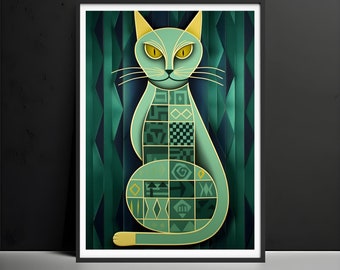 Art Deco Cat Print – Modern Geometric Maximalist Wall Art