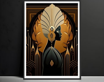 Póster Art Déco de mujer en negro y dorado, lámina de lujo para pared.