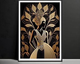 Gold Art Deco Woman Poster, High-Gloss Print