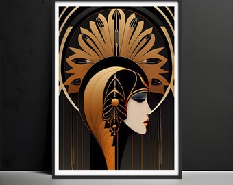 Gold Art Deco Woman Poster, Vintage Wall Art Print