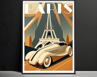 Paris Art Deco Poster | Vintage Car & Eiffel Tower Print