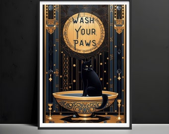 Black Cat Wash Your Paws Poster Bathroom Wall Art Deco Print Animal Picture Vintage Wall Art Toilet Restroom First Home Decor Gift