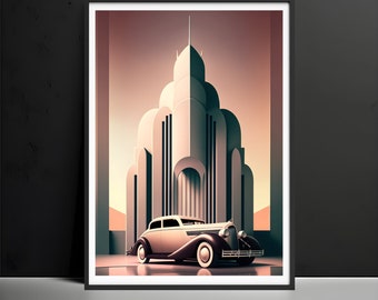 May include: A vintage car in front of a large, modern building with a geometric design. The car is a light brown color with black accents and has a chrome bumper. The building is a light beige color with a series of arches and columns.