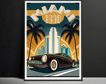 May include: A vintage poster with a black car driving down a street in front of a city skyline. The poster has a yellow and blue color scheme and says "Miami 1930" in a retro font.