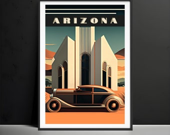 Può includere: Un poster di viaggio in stile vintage con un'auto marrone che guida davanti a un edificio bianco con il testo "ARIZONA" in alto.