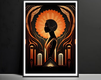 Orange & Gold Art Deco Poster, Frauen Silhouette Kunstdruck