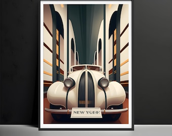 May include: A vintage white car with a black grille and chrome accents is driving through a city street with tall buildings on either side. The car has a "NEW YORK" license plate.