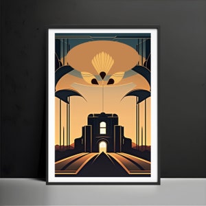 May include: A digital illustration of a building with a large arched doorway, framed by a geometric pattern of overlapping shapes in shades of gold, brown, and black.