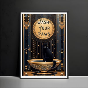 Black Cat Wash Your Paws Poster Bathroom Wall Art Deco Print Animal Picture Vintage Wall Art Toilet Restroom First Home Decor Gift