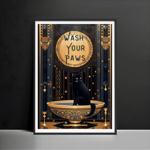 Black Cat Wash Your Paws Poster Bathroom Decoration Art Deco Print Animal Picture Vintage Wall Art Toilet Restroom Home Decor Gift