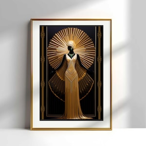 May include: Art Deco style framed print featuring a stylized figure in a gold gown with a sunburst halo. The artwork has a black background with gold geometric accents and a gold frame. The figure is adorned with a green necklace.