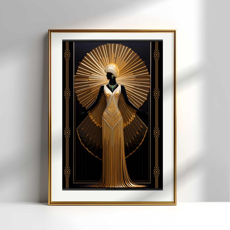 May include: Art Deco style framed print featuring a stylized figure in a gold gown with a sunburst halo. The artwork has a black background with gold geometric accents and a gold frame. The figure is adorned with a green necklace.