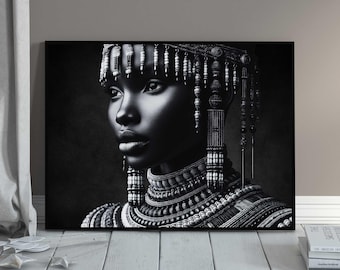 African Woman Portrait, Black and White Tribal Art (Digital Download)