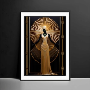 May include: Art Deco style framed print featuring a golden figure with outstretched arms. The figure wears a gold dress and headdress, set against a black background with gold geometric accents. The artwork is framed in black.