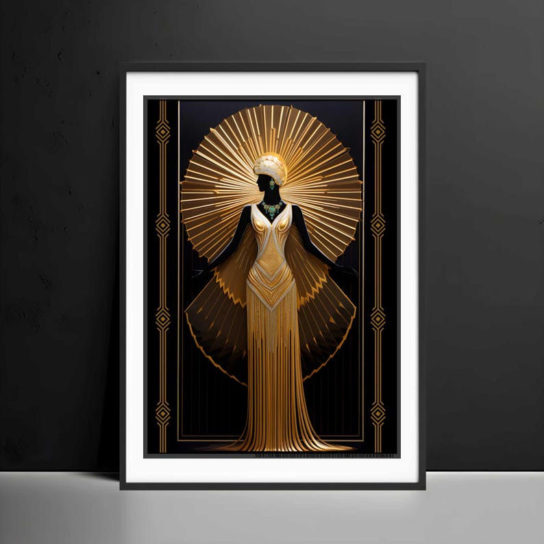 May include: Art Deco style framed print featuring a golden figure with outstretched arms. The figure wears a gold dress and headdress, set against a black background with gold geometric accents. The artwork is framed in black.