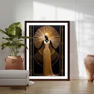 May include: A framed art print featuring a stylized figure in a gold gown with a sunburst halo against a black background. The artwork has Art Deco influences, with geometric patterns and a vintage aesthetic. The print is displayed in a room with a plant and a neutral color palette.