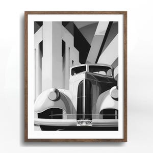 Art Deco Car Poster- Vintage New York Auto Print- Classic American Car Wall Art- Black and White Retro Decor -1930s Automobile Illustration