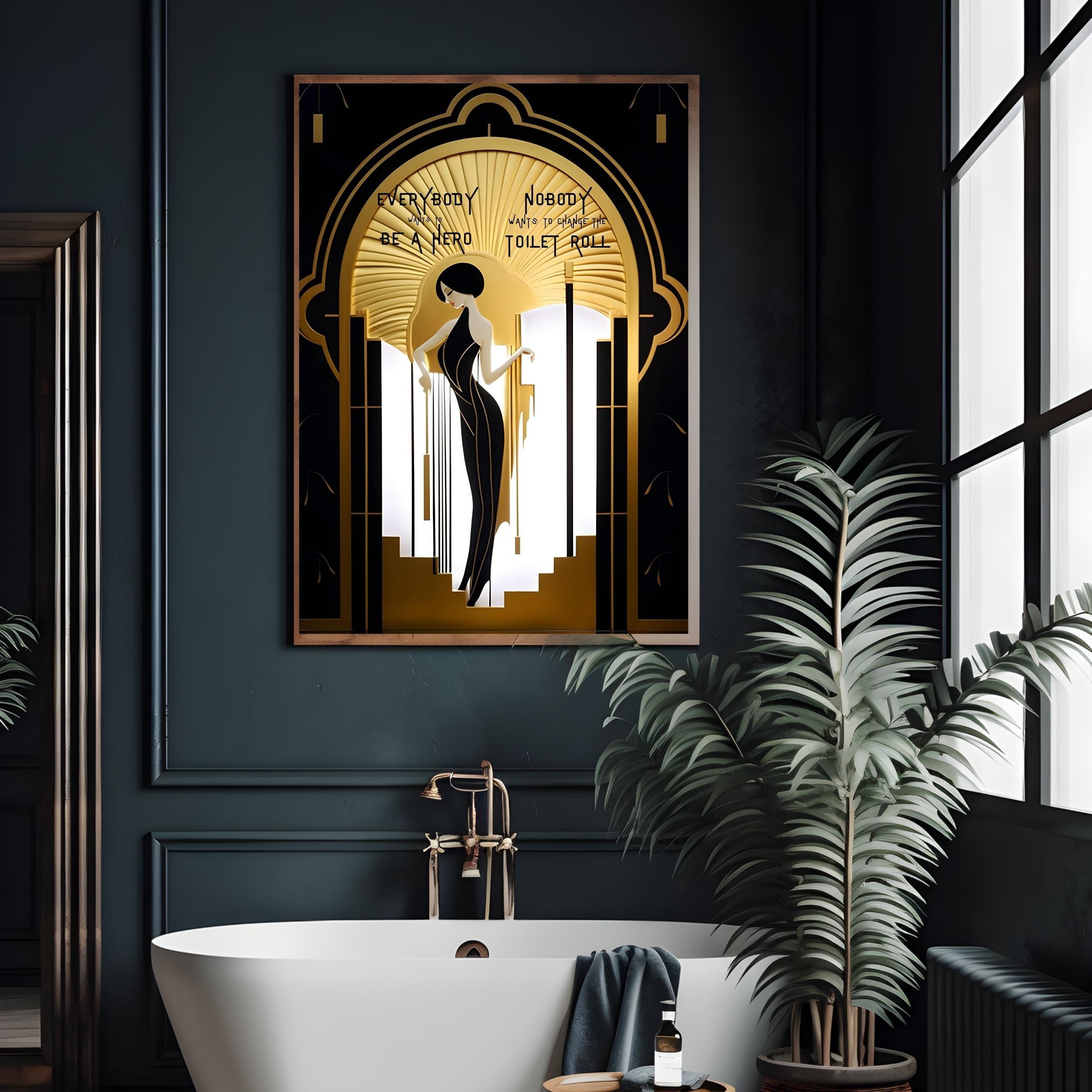 Art Deco Bathroom Poster – Funny Toilet Humor, Gold & Black Print - Etsy