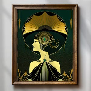 Poster donna Art Déco - Arte murale verde smeraldo e oro - Arte murale flapper anni '20 - Decorazione glamour vintage - Elegante regalo con illustrazione Art Déco