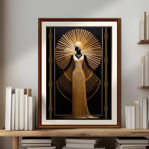 May include: A framed art print featuring a stylized figure in a gold gown with a radiating sunburst design. The artwork has a black background with gold geometric accents, evoking an Art Deco aesthetic. The print is displayed on a wooden shelf.