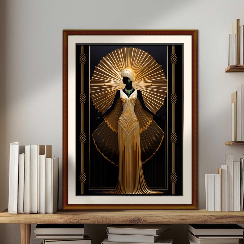 May include: A framed art print featuring a stylized figure in a gold gown with a radiating sunburst design. The artwork has a black background with gold geometric accents, evoking an Art Deco aesthetic. The print is displayed on a wooden shelf.
