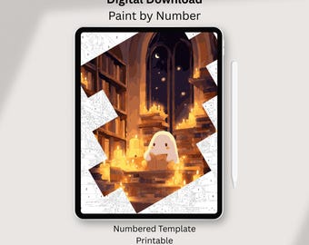 May include: A digital paint-by-number template on a tablet. The artwork shows a warm scene with candles and a cartoon character. The image text reads: Digital Download, Paint by Number, Numbered Template, Printable, Procreate Colour Palette.
