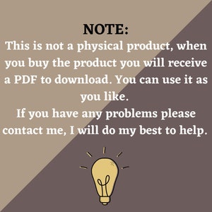 Pu&ograve; includere: Una nota con un'immagine di una lampadina, che indica che questo &egrave; un prodotto digitale e che verr&agrave; fornito un PDF per il download. La nota include anche informazioni di contatto per eventuali problemi.