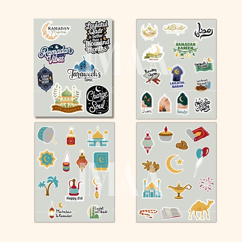 Pu&ograve; includere: Un set di 20 adesivi colorati di Ramadan con illustrazioni di moschee, lune crescenti, lanterne e calligrafia araba. Gli adesivi includono frasi come "Ramadan Vibes", "Laylatul Qadr", "Taraweeh's time" e "Charge Soul".