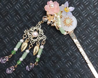 Handmade Ornate Pink Blue Glass Flower Hair Stick, White Glass Jade, Gold Tone Brass & Acrylic Pearl Dangles, Hanfu Hairpin