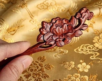 Hand-Carved Peony Blossom Hair Stick – Red Sandalwood Floral Hair Pin – Elegant Rose-Inspired Wood Accessory for Buns, Vintage Style