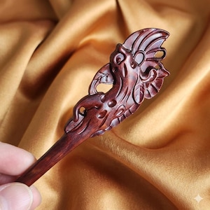 Red Sandalwood Dragon & Butterfly Hair Stick - Two-Sided Hand-Carved Wooden Hairpin - Mythical Creature Hair Fork - Gift for Fantasy Lovers