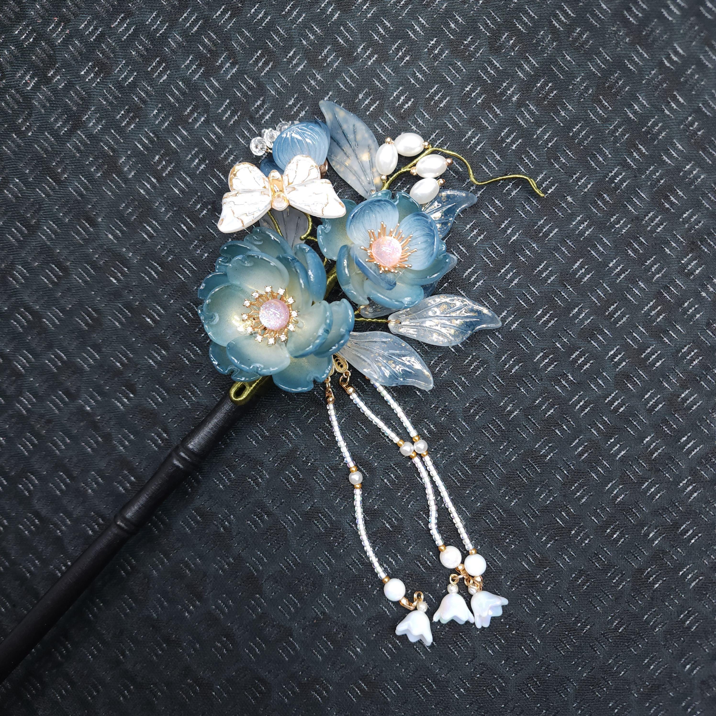 Handmade Blue Glass Flower Hair Stick with Butterfly, Acrylic Pearl & Gold Tone Brass Dangles, Hanfu Hair Pin