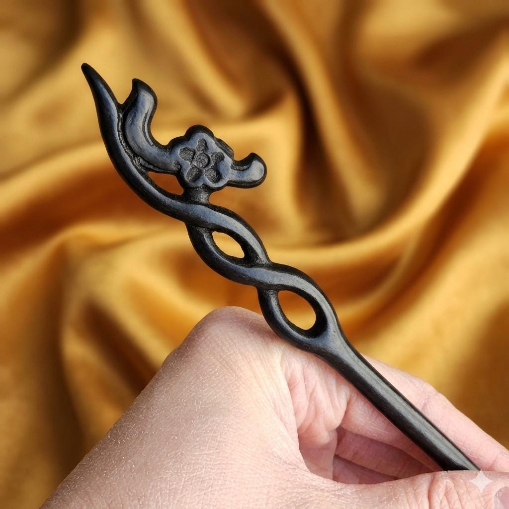 Hand-Carved Black Ebony Infinity Hair Stick - Celtic Knot Wood Hair Wand - Minimalist Flower Bun Holder - Elegant Ebony Hair Pin