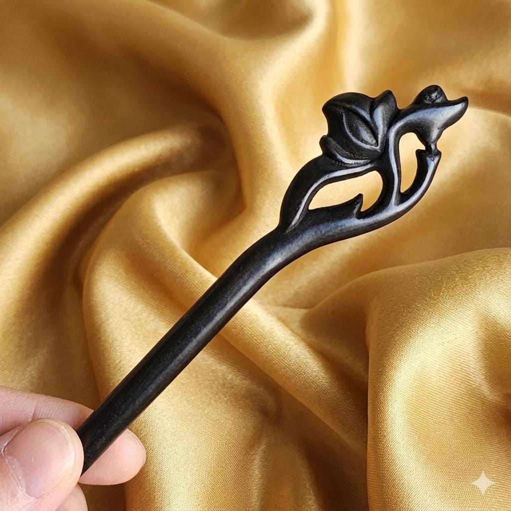 Hand-Carved Black Ebony Lotus Hair Stick - Minimalist Zen Hair Wand - Elegant Floral Wood Hair Pin - Dark Wood Bun Holder