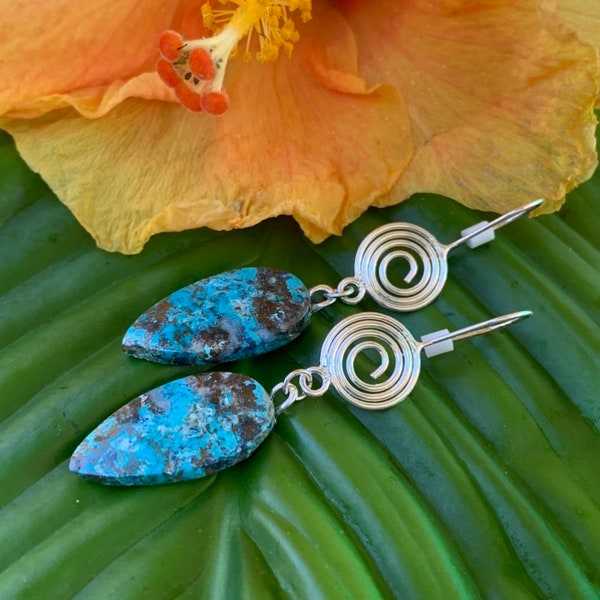 Shattuckite Silver Spiral Earrings, Healing Crystals, Unique Handcrafted, Boho, Minimalist, Gift for Her, One of a Kind, Free USA Shipping