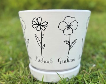 Personalized flower pot gift for mother, grandmother, plant lover with kids or grandkids names and birth month flower present for loved ones