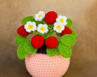 Crochet Strawberry in a Pot Plant Pattern PDF,Amigurumi Strawberry with Leaves, Strawberry with leaves. Amigurumi strawberry pattern Plant